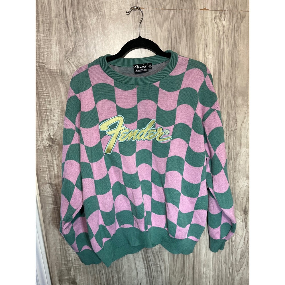 Fender Women's Sweater Sweatshirt Size 1X checkerboard checkered Long sleeve